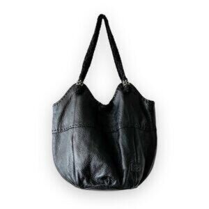 The Sak Indio Black Leather Slouchy Hobo Braided Handles Boho Beachy Large Bag